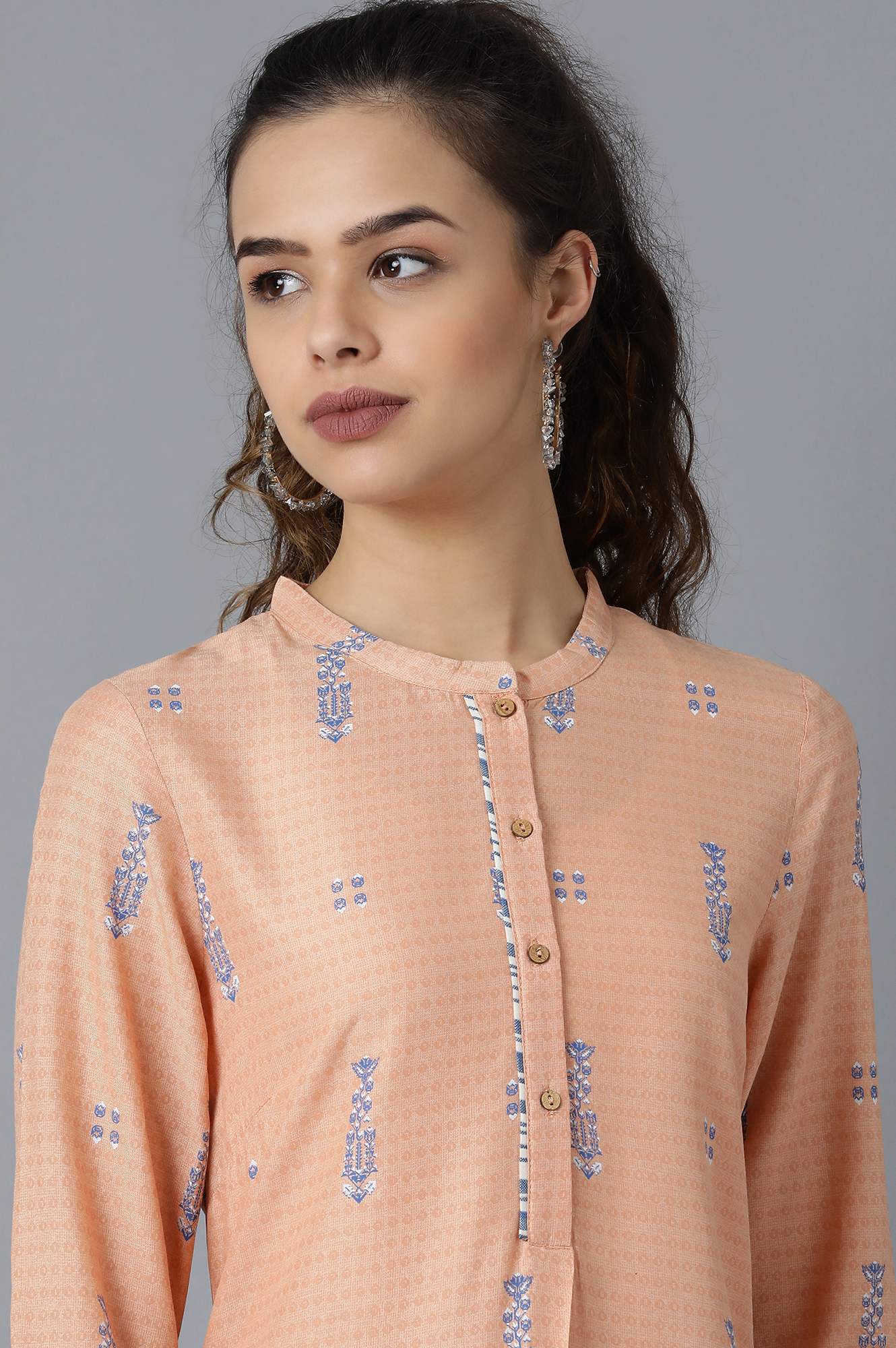 Peach Mandarin Neck Printed kurta