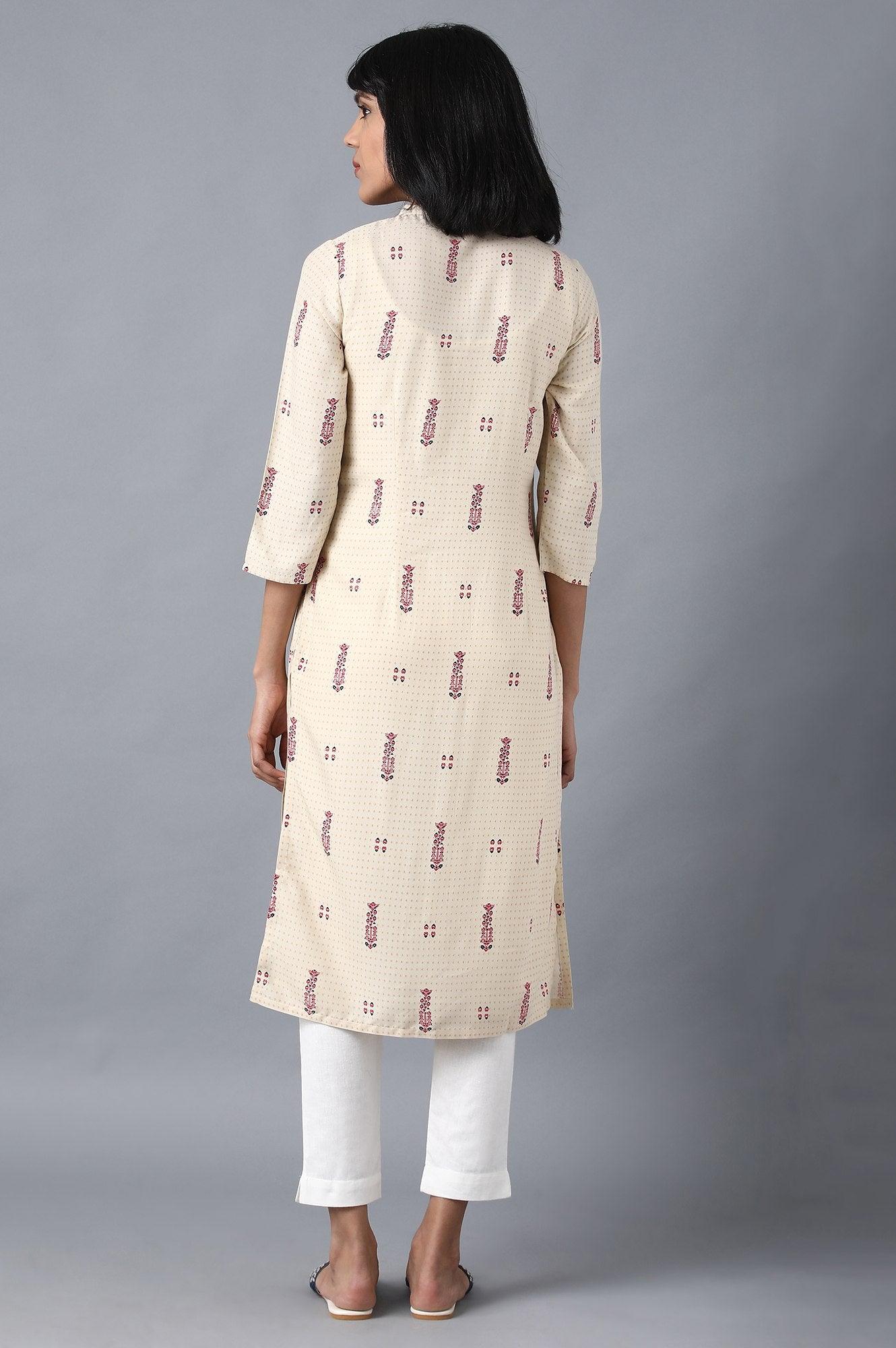 Beige Mandarin Neck Printed Shirt kurta - wforwoman