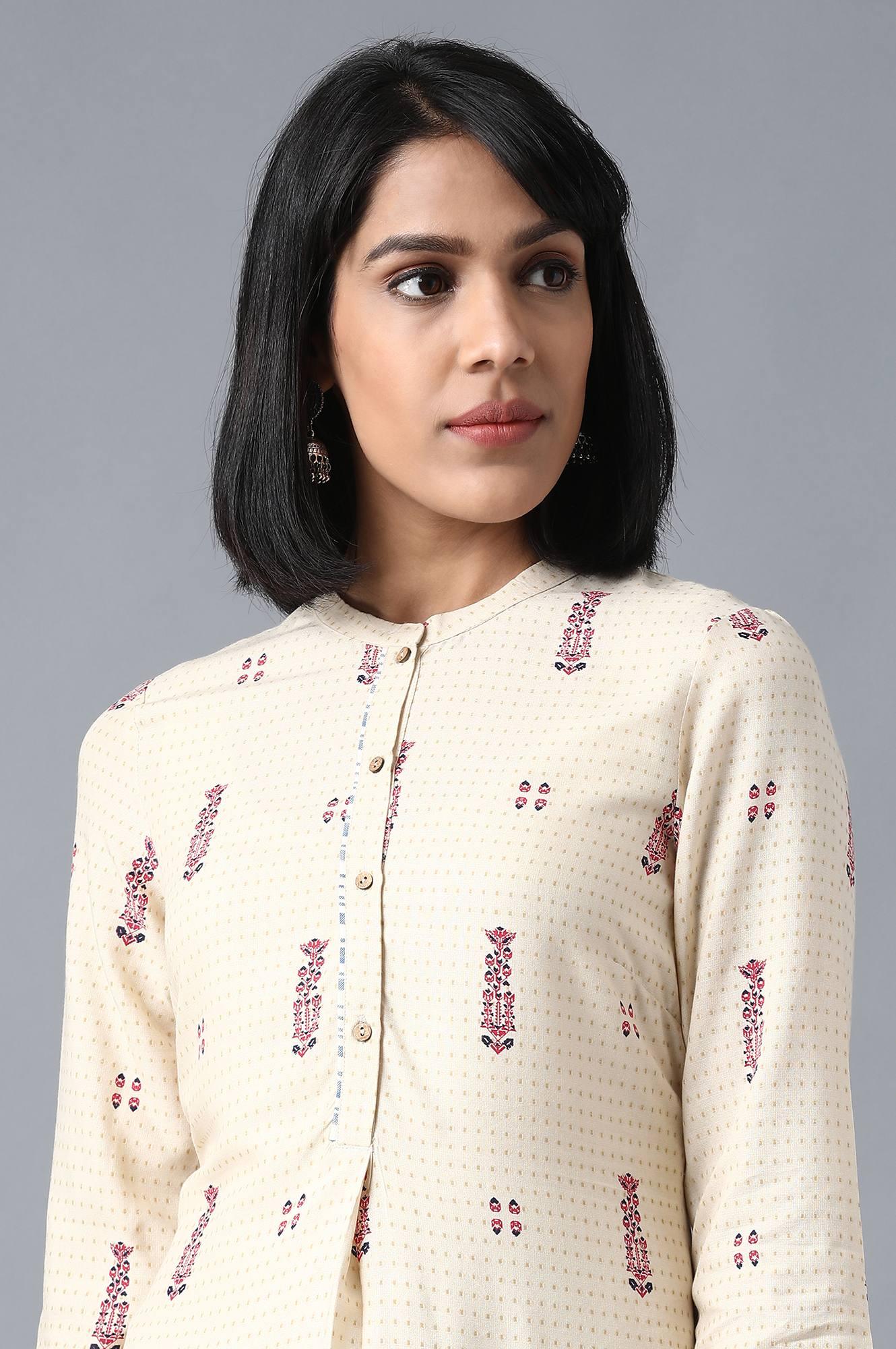 Beige Mandarin Neck Printed Shirt kurta - wforwoman