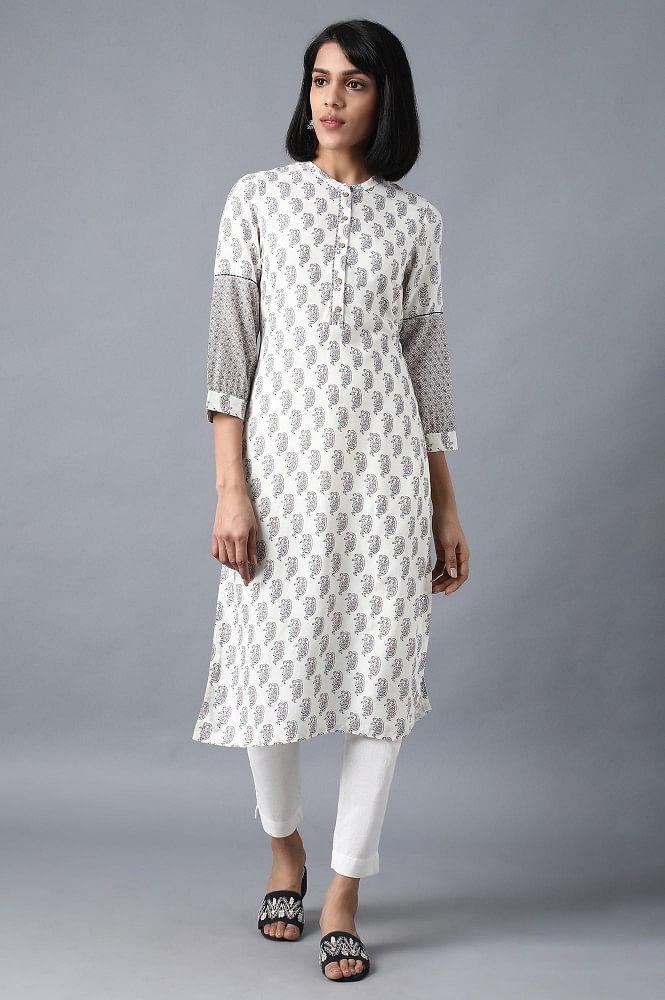 Ecru Mandarin Neck Printed kurta - wforwoman