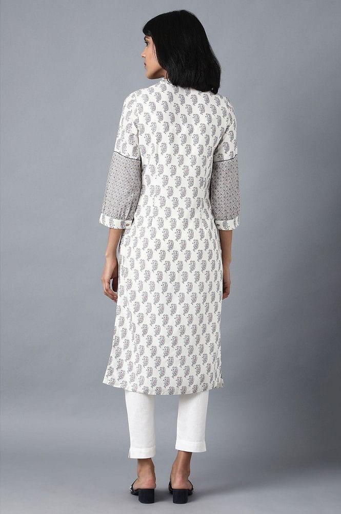 Ecru Mandarin Neck Printed kurta - wforwoman