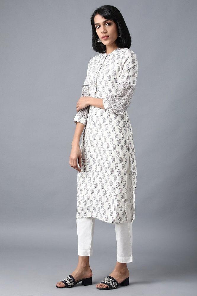 Ecru Mandarin Neck Printed kurta - wforwoman
