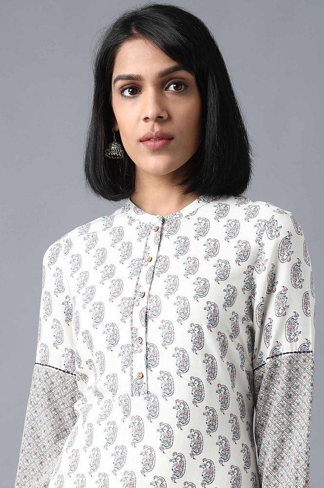 Ecru Mandarin Neck Printed kurta - wforwoman