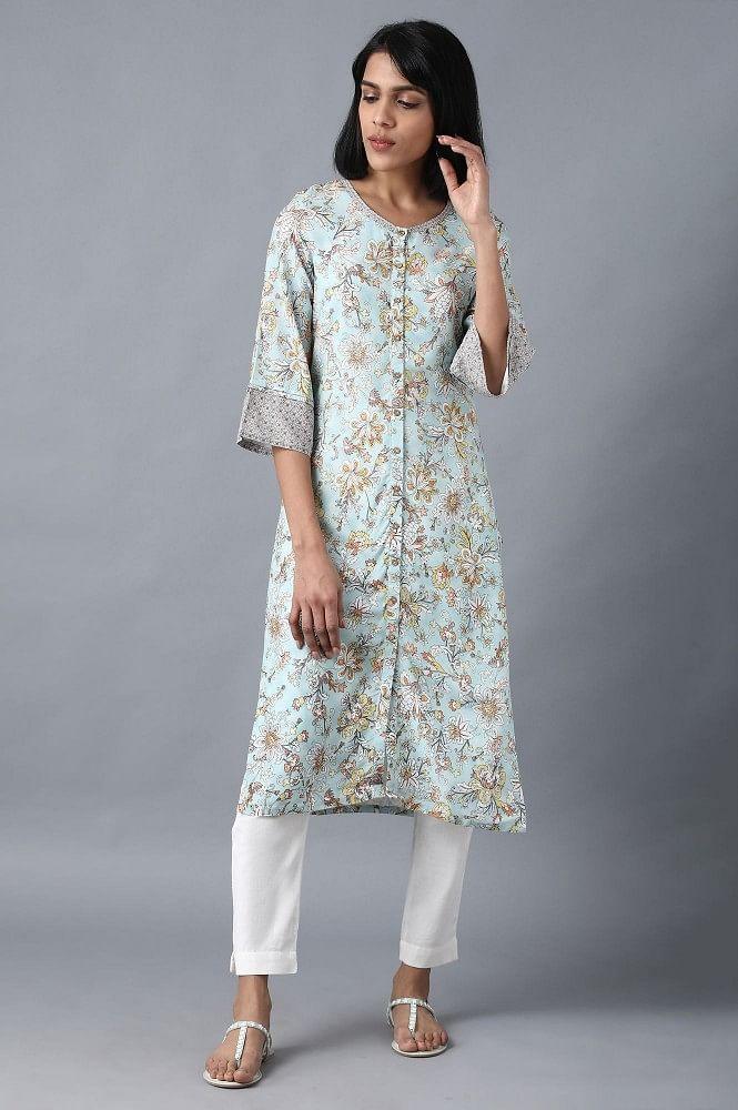 Blue Round Neck Printed kurta - wforwoman