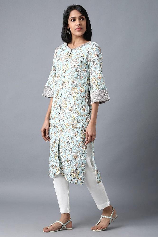 Blue Round Neck Printed kurta - wforwoman