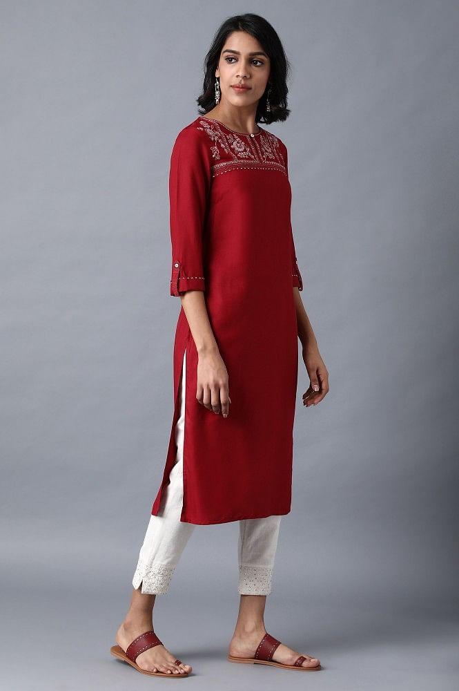 Maroon Round Neck Embroidered kurta - wforwoman
