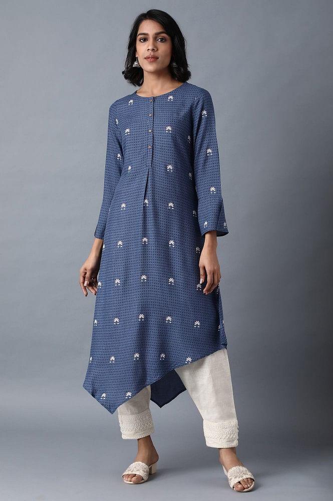 Blue Round Neck Printed kurta - wforwoman
