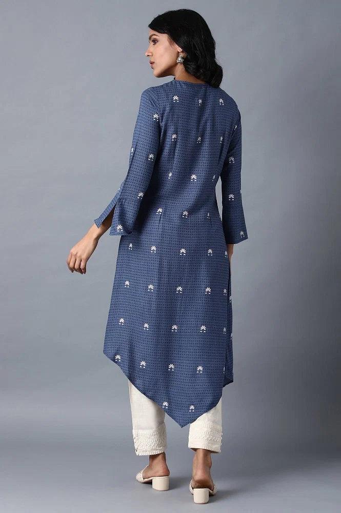 Blue Round Neck Printed kurta - wforwoman
