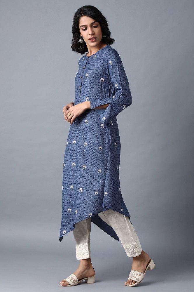 Blue Round Neck Printed kurta - wforwoman