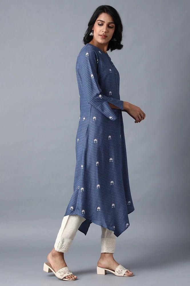 Blue Round Neck Printed kurta - wforwoman