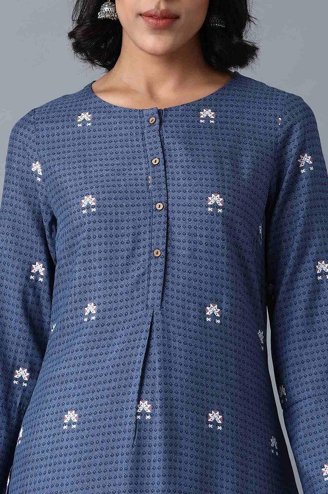 Blue Round Neck Printed kurta - wforwoman