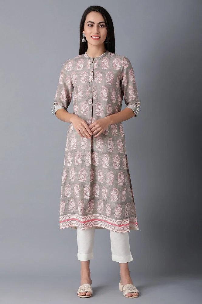 Beige Mandarin Neck Printed kurta - wforwoman