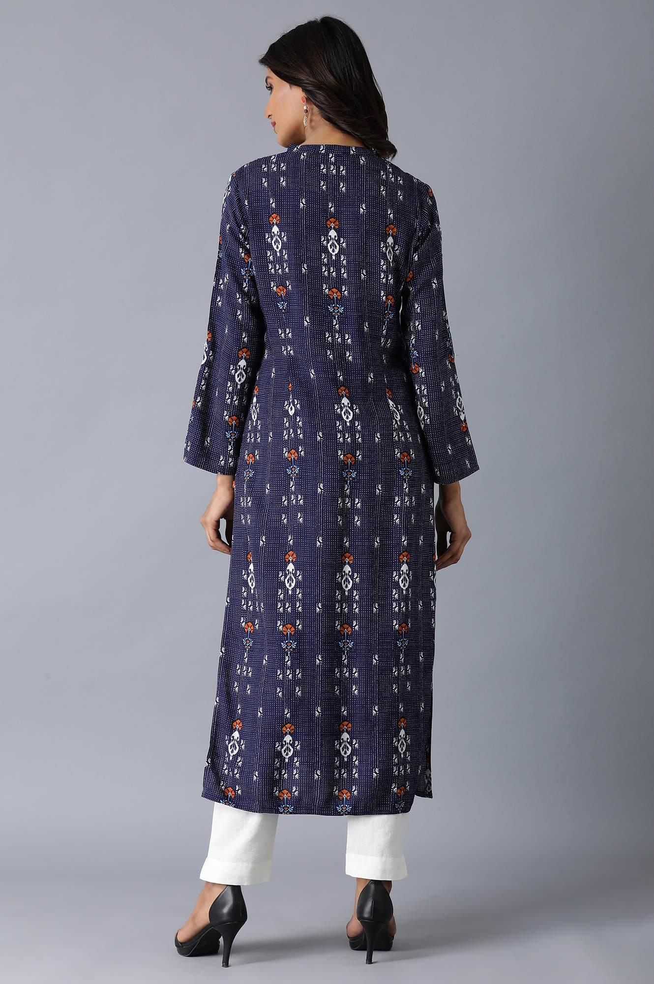 Navy Blue Printed Straight kurta - wforwoman