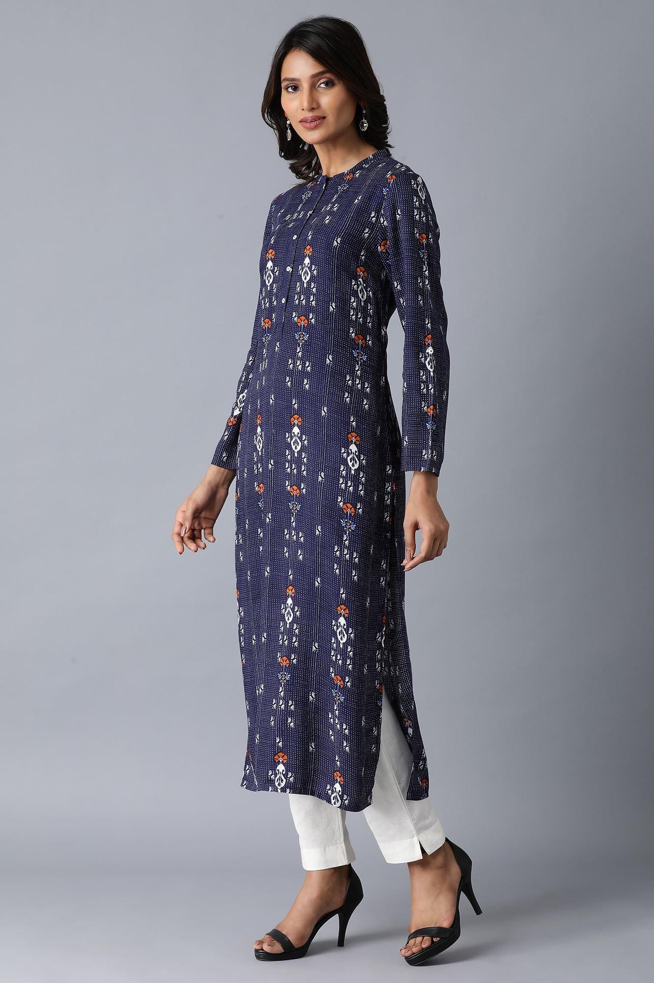 Navy Blue Printed Straight kurta - wforwoman
