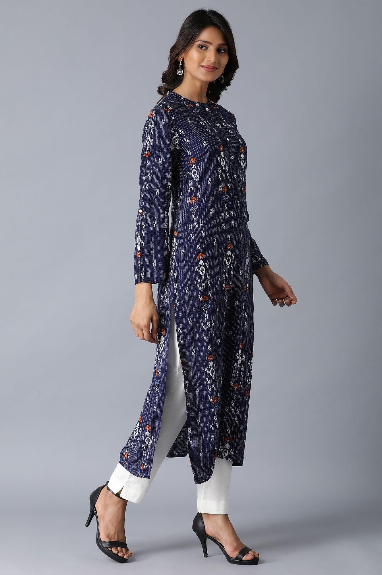Navy Blue Printed Straight kurta - wforwoman