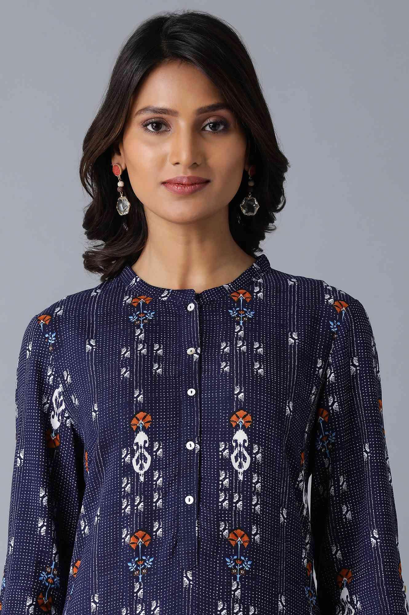 Navy Blue Printed Straight kurta - wforwoman