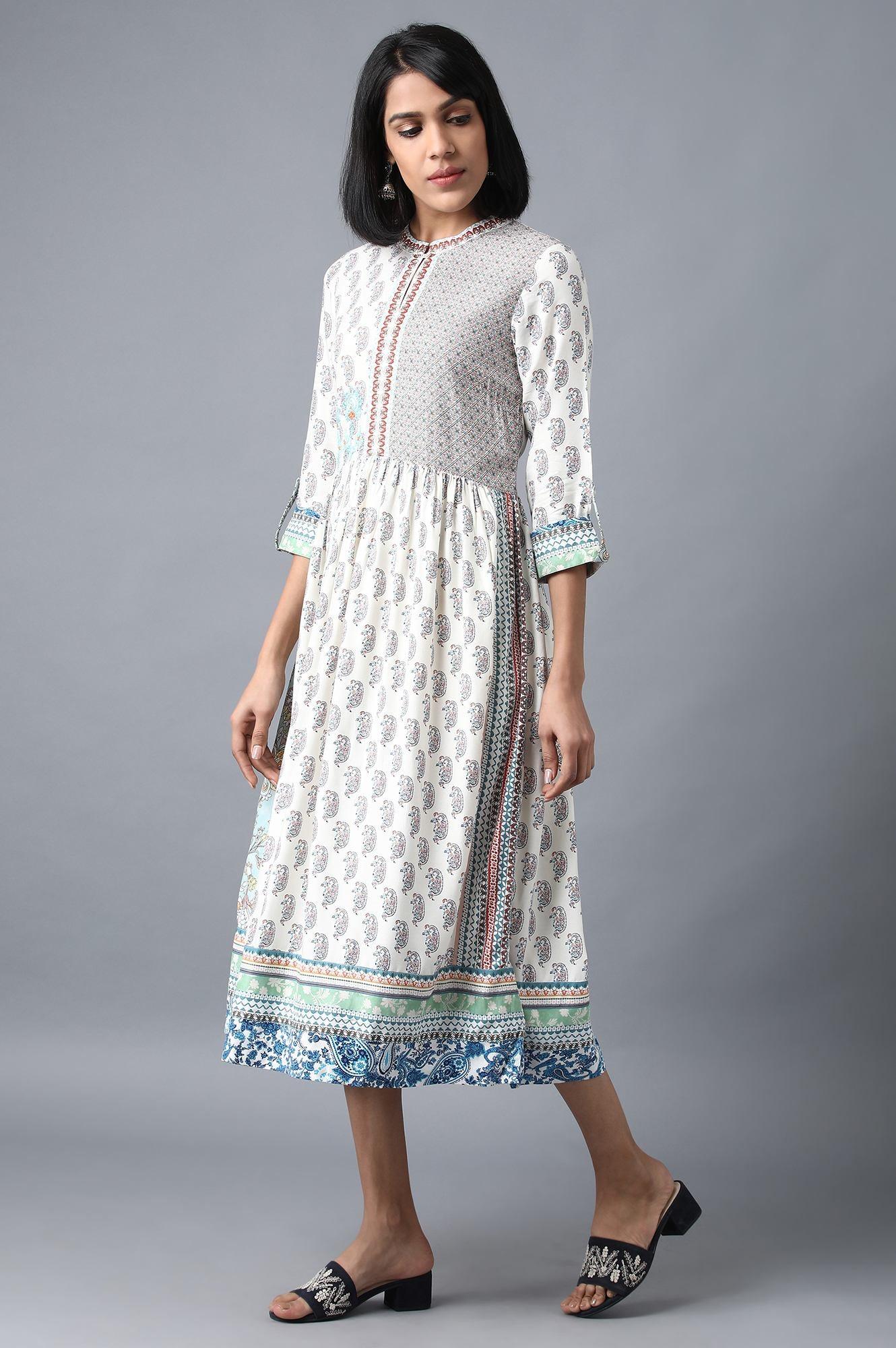 Ecru Printed Gathered Dress - wforwoman