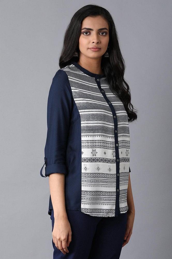 Navy Blue Printed Shirt Top - wforwoman
