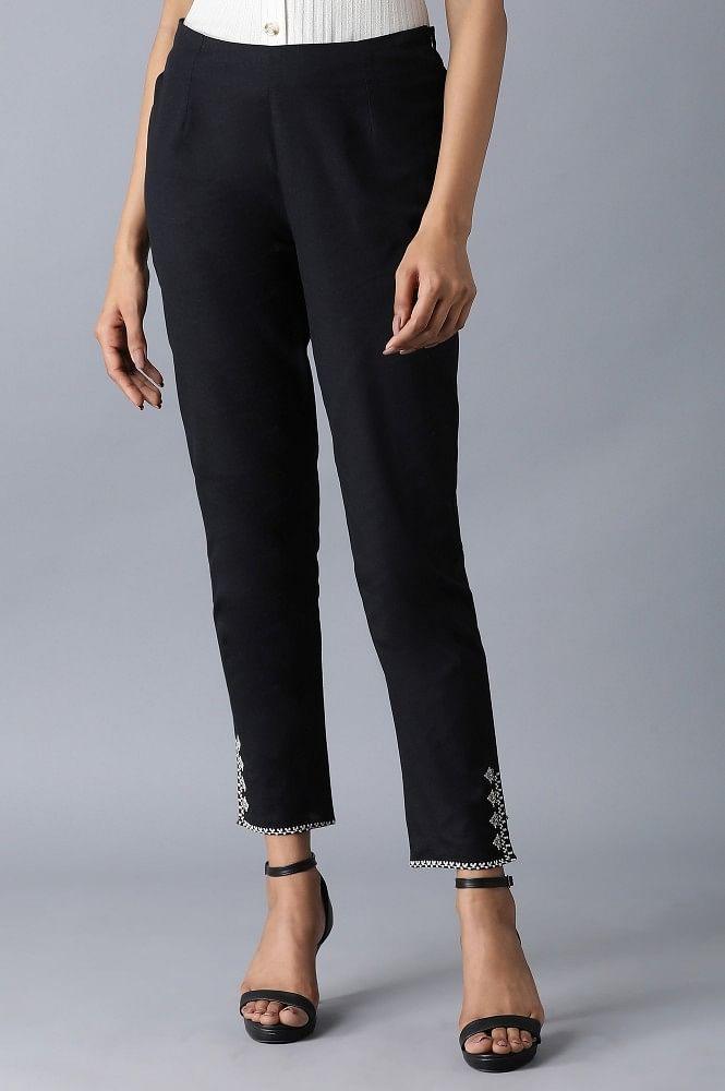 Balck Embroidered Slim Pants - wforwoman