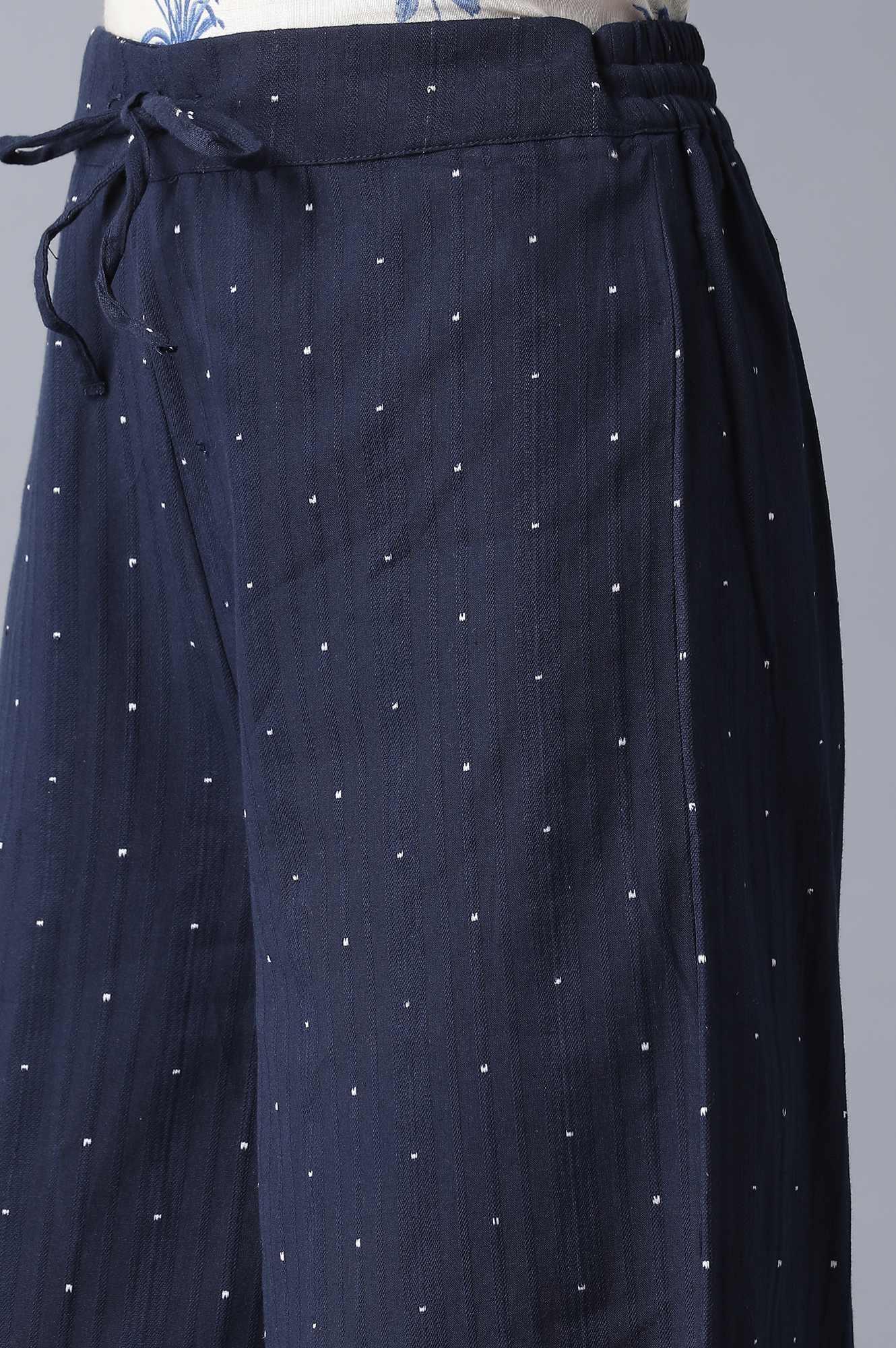 Navy Blue Yarn Dyed Polka Parallel Pants - wforwoman