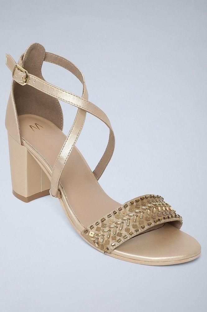 Gold & Beige Embroidered Block Heels - wforwoman