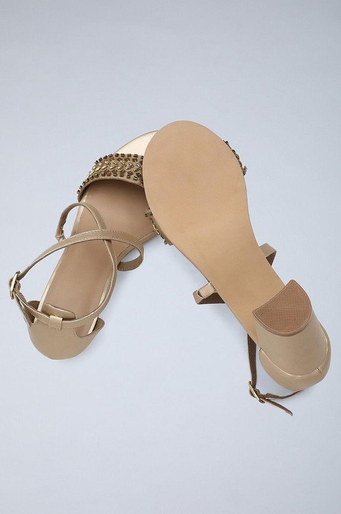 Gold & Beige Embroidered Block Heels - wforwoman