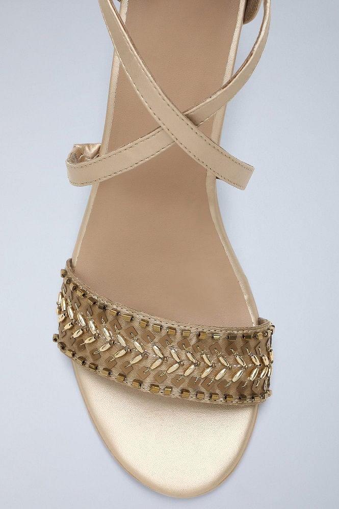 Gold & Beige Embroidered Block Heels - wforwoman
