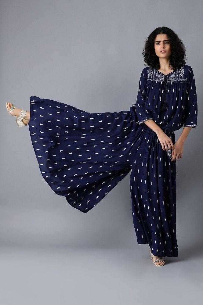 Blue Round Neck Printed Jumpsuit - wforwoman