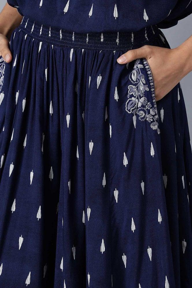 Blue Round Neck Printed Jumpsuit - wforwoman