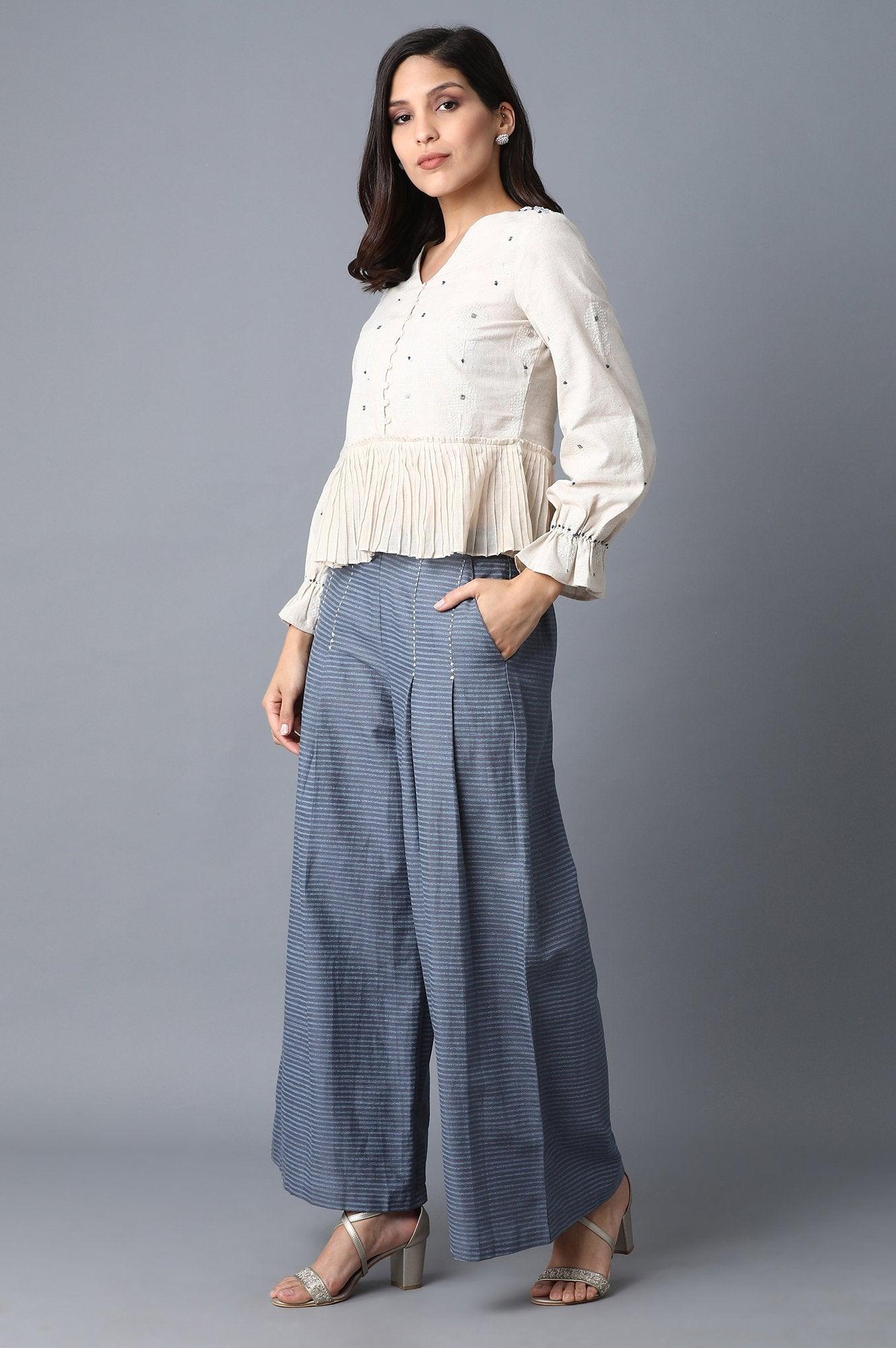 Ecru Peplum Top-Steel Blue Palazzo Set - wforwoman