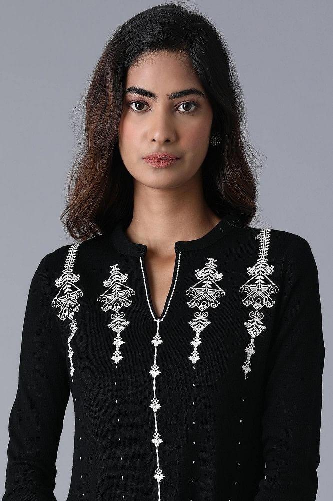 Black Mandarin Neck Winter kurta - wforwoman