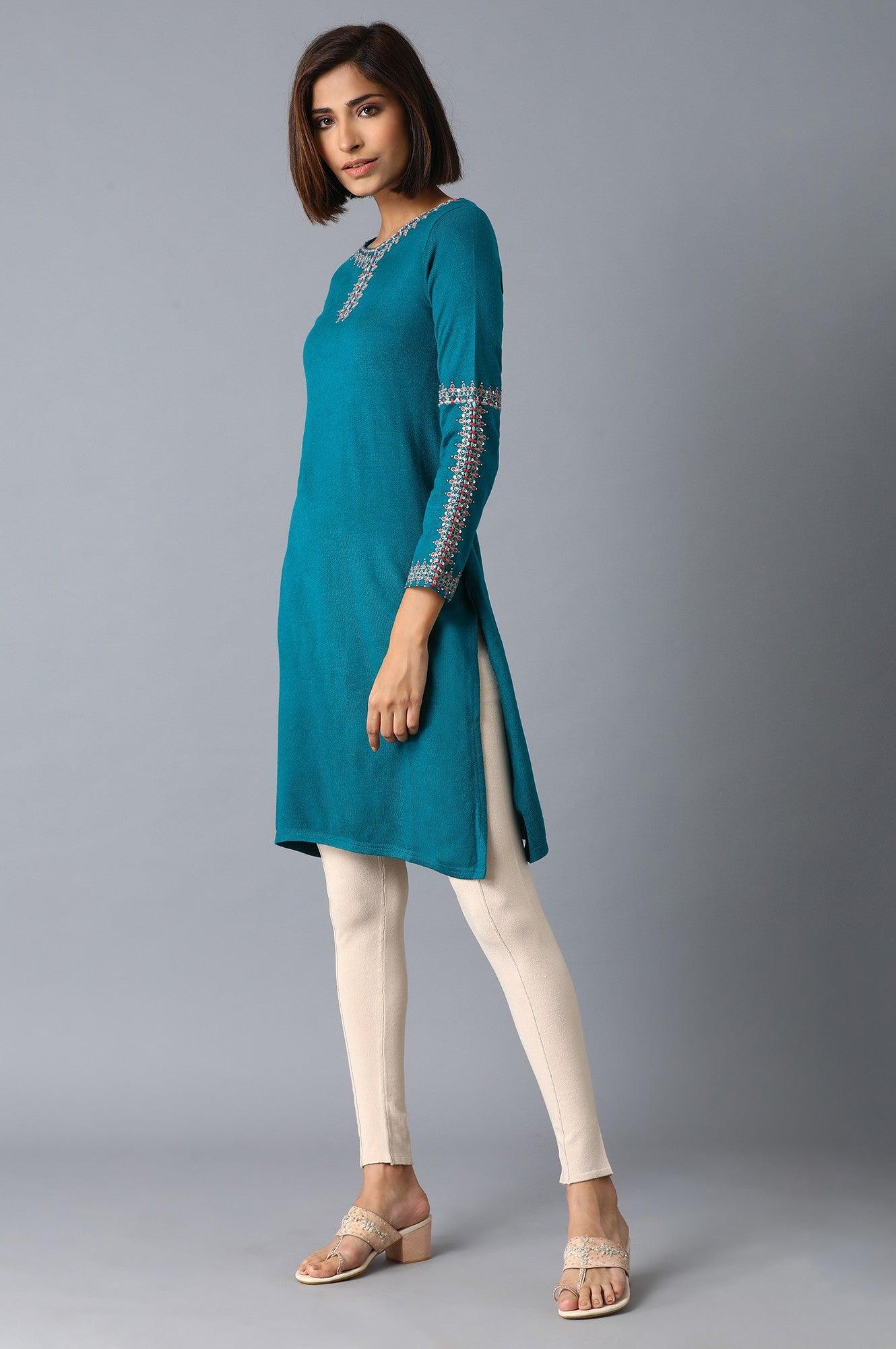 Teal Solid Winter kurta - wforwoman