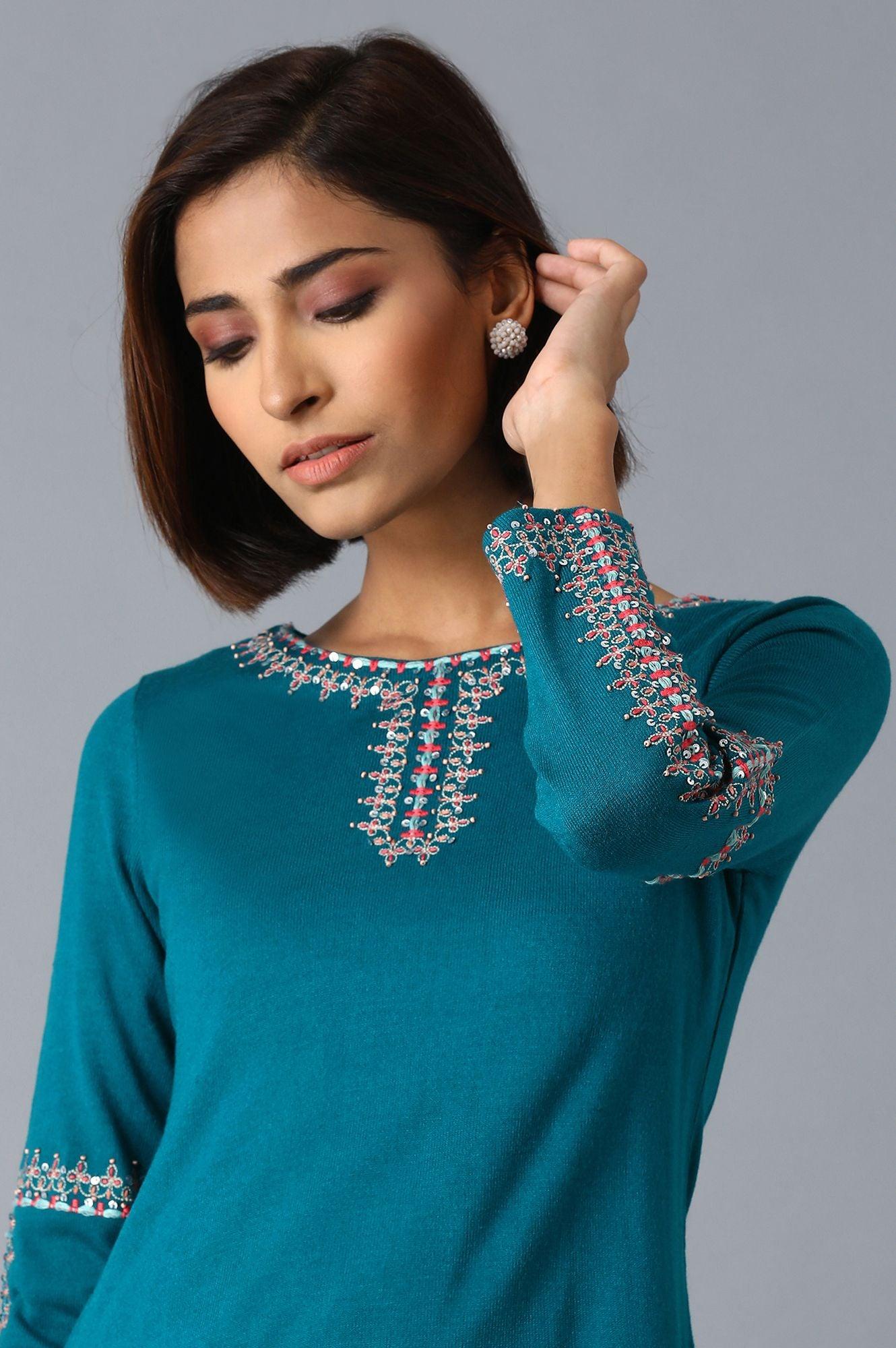 Teal Solid Winter kurta - wforwoman