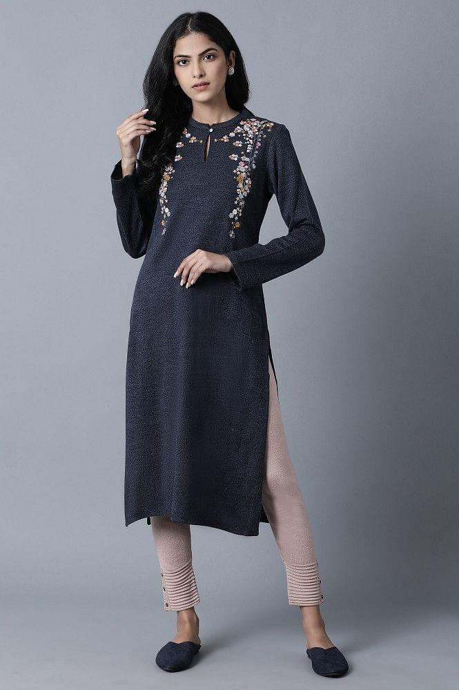 Blue Mandarin Neck Winter kurta - wforwoman
