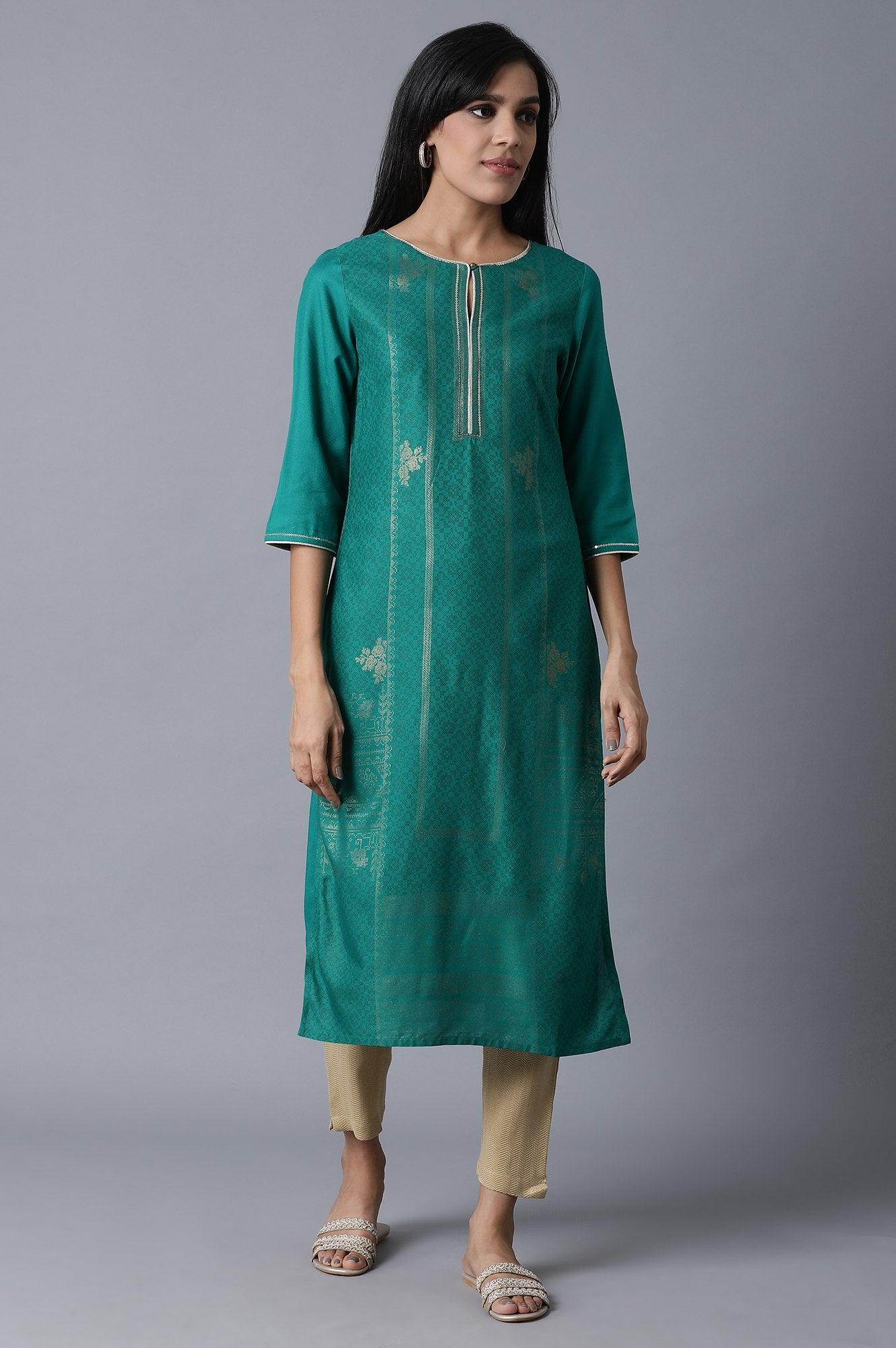 Sap Green Foil Print kurta In Keyhole Neck - wforwoman