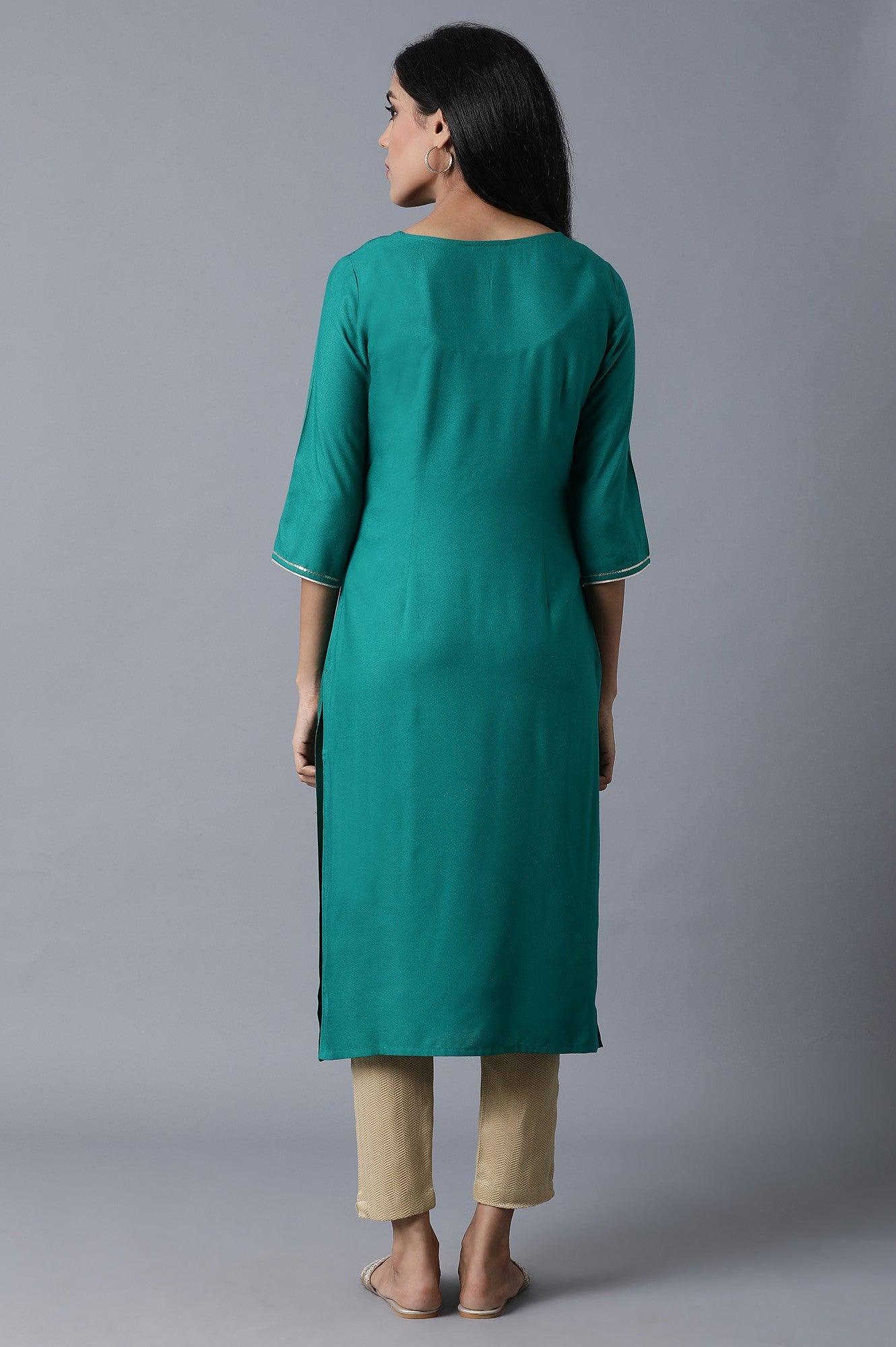 Sap Green Foil Print kurta In Keyhole Neck - wforwoman