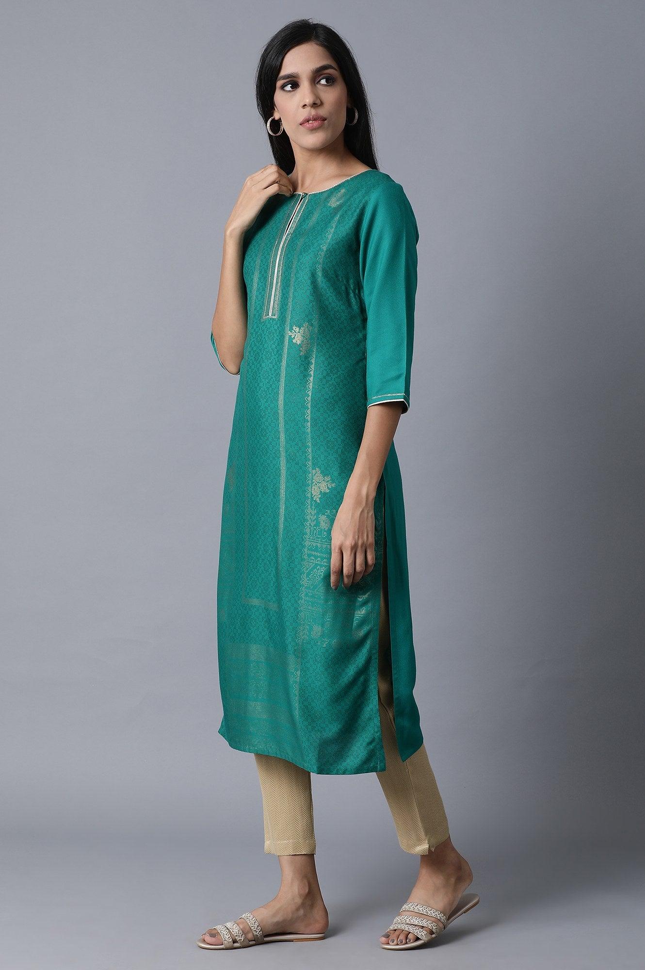 Sap Green Foil Print kurta In Keyhole Neck - wforwoman