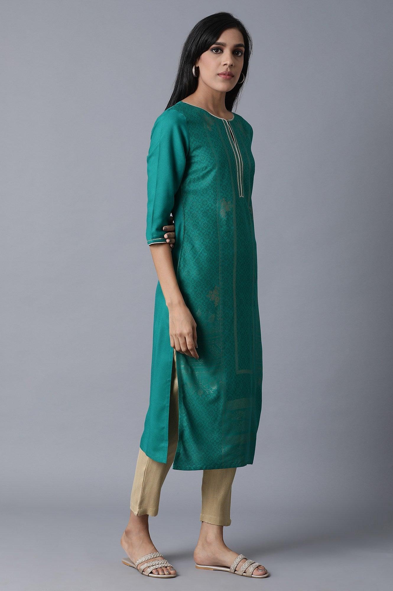 Sap Green Foil Print kurta In Keyhole Neck - wforwoman