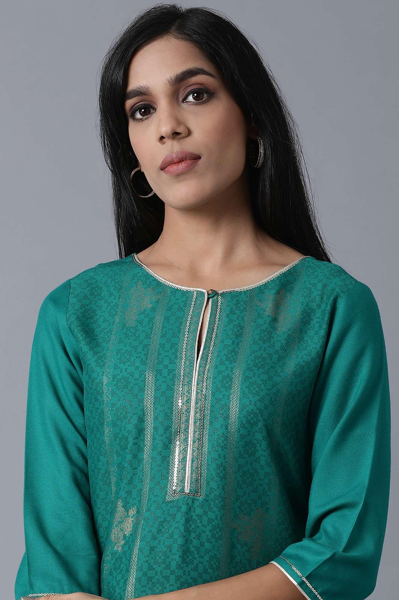 Sap Green Foil Print kurta In Keyhole Neck - wforwoman