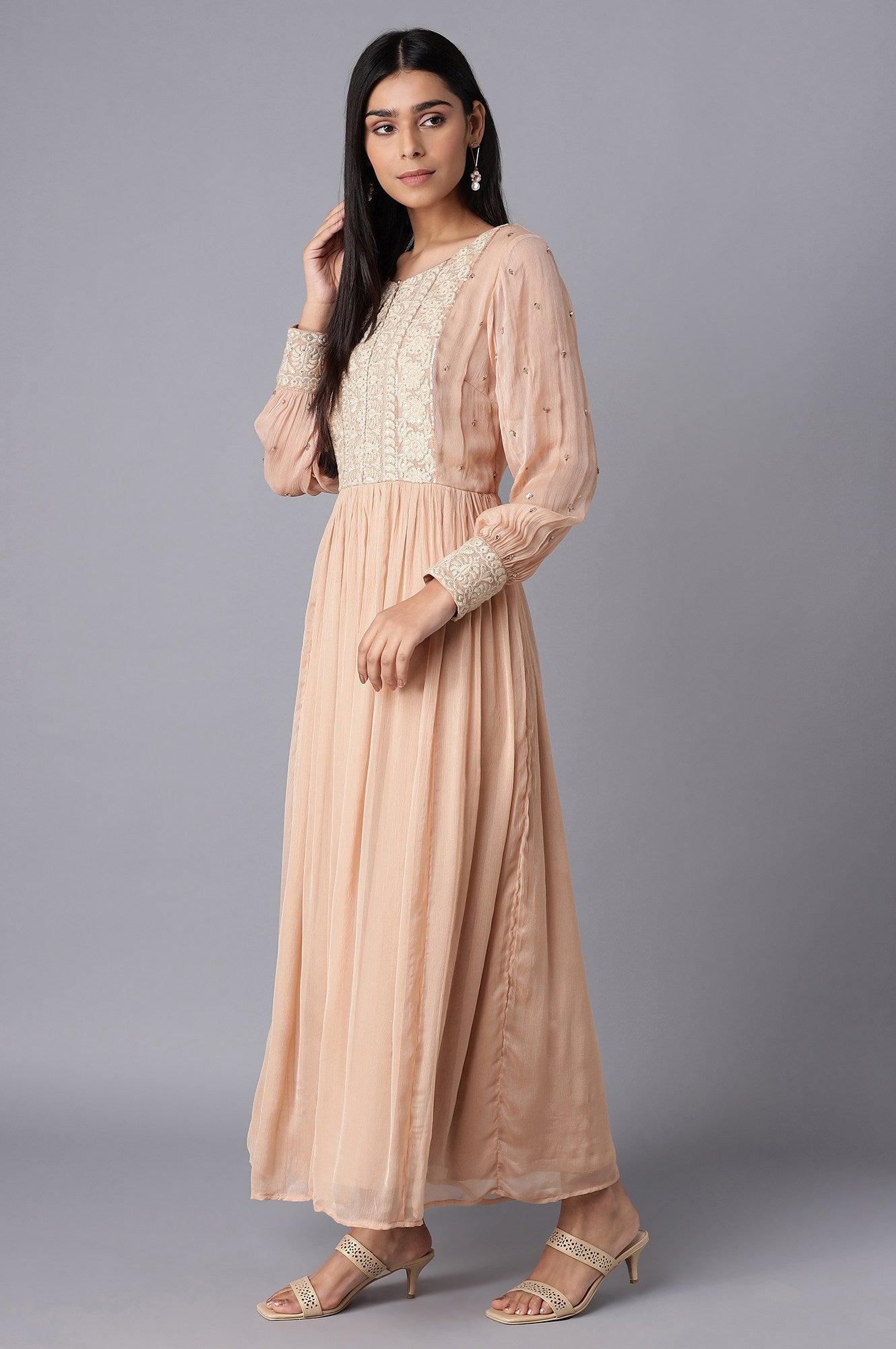 Light Pink Embroidered Victorian Dress with Gathered Sleeves - wforwoman