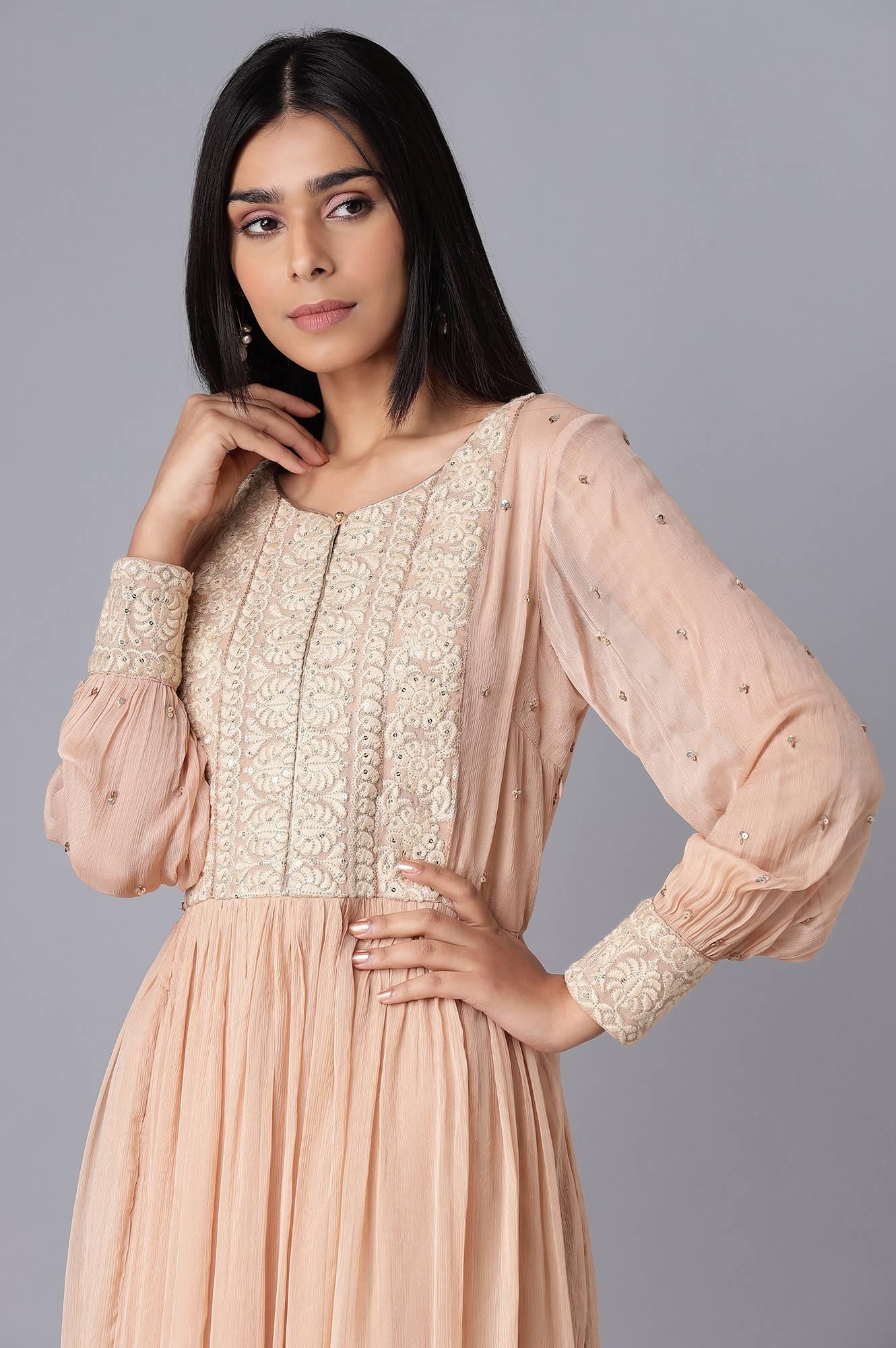 Light Pink Embroidered Victorian Dress with Gathered Sleeves - wforwoman