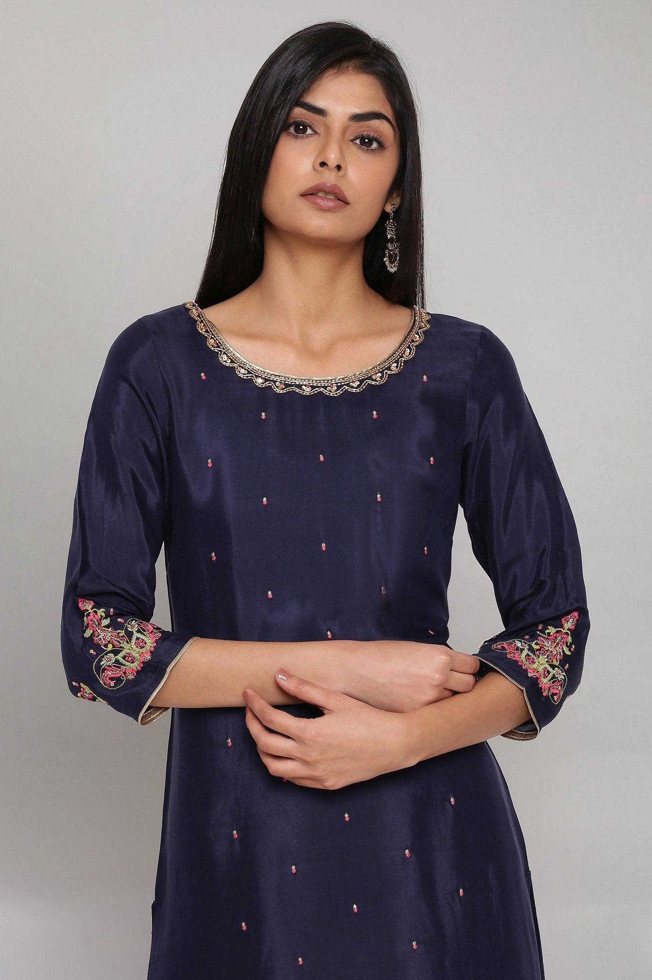 Navy Blue Solid Straight kurta - wforwoman