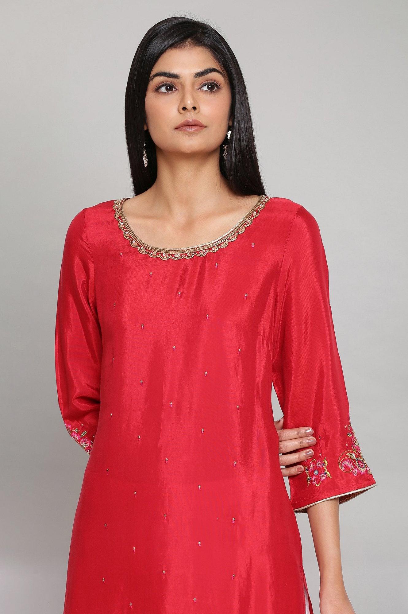Red Solid Straight kurta - wforwoman