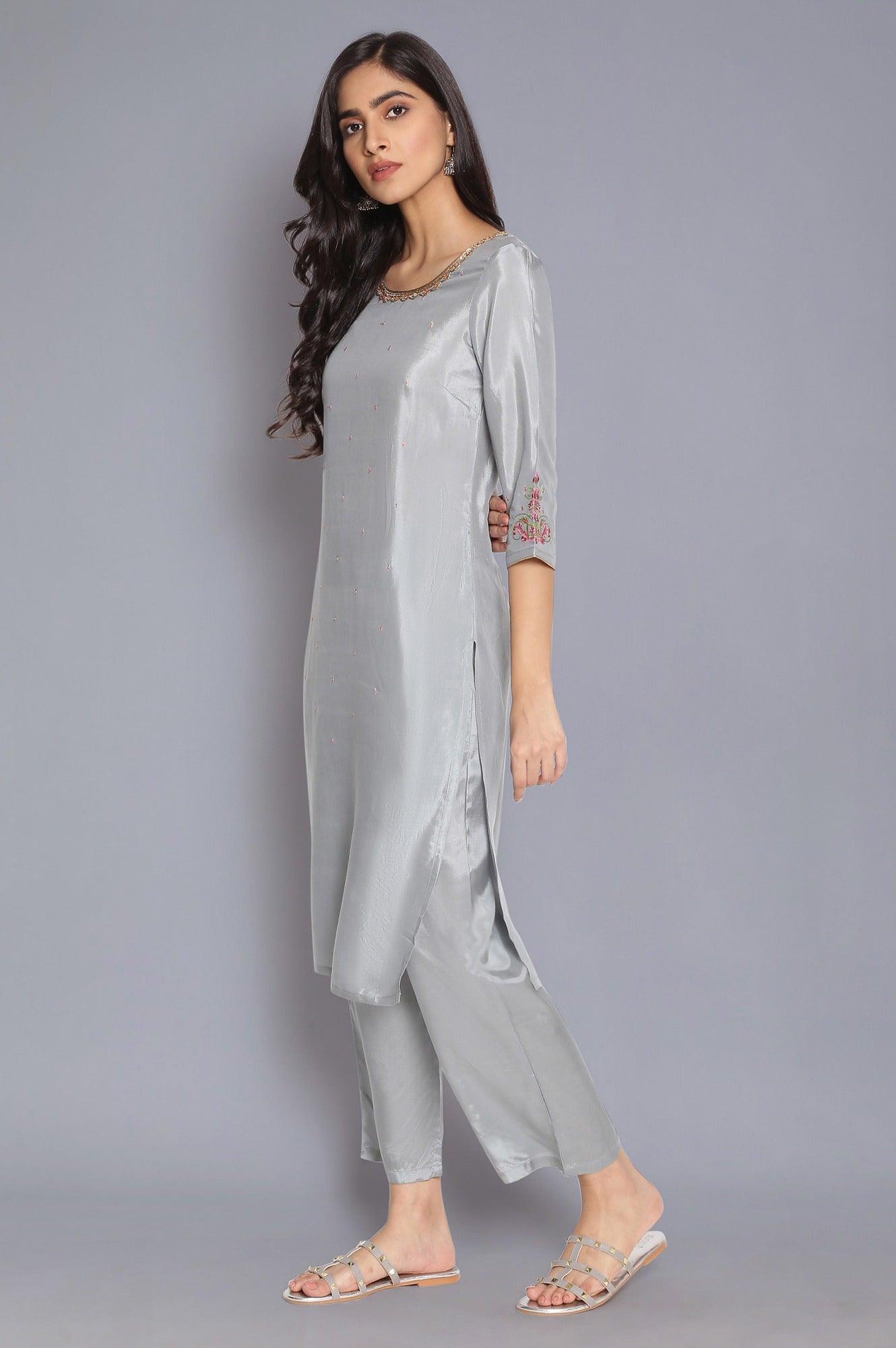 Grey Solid Straight kurta - wforwoman