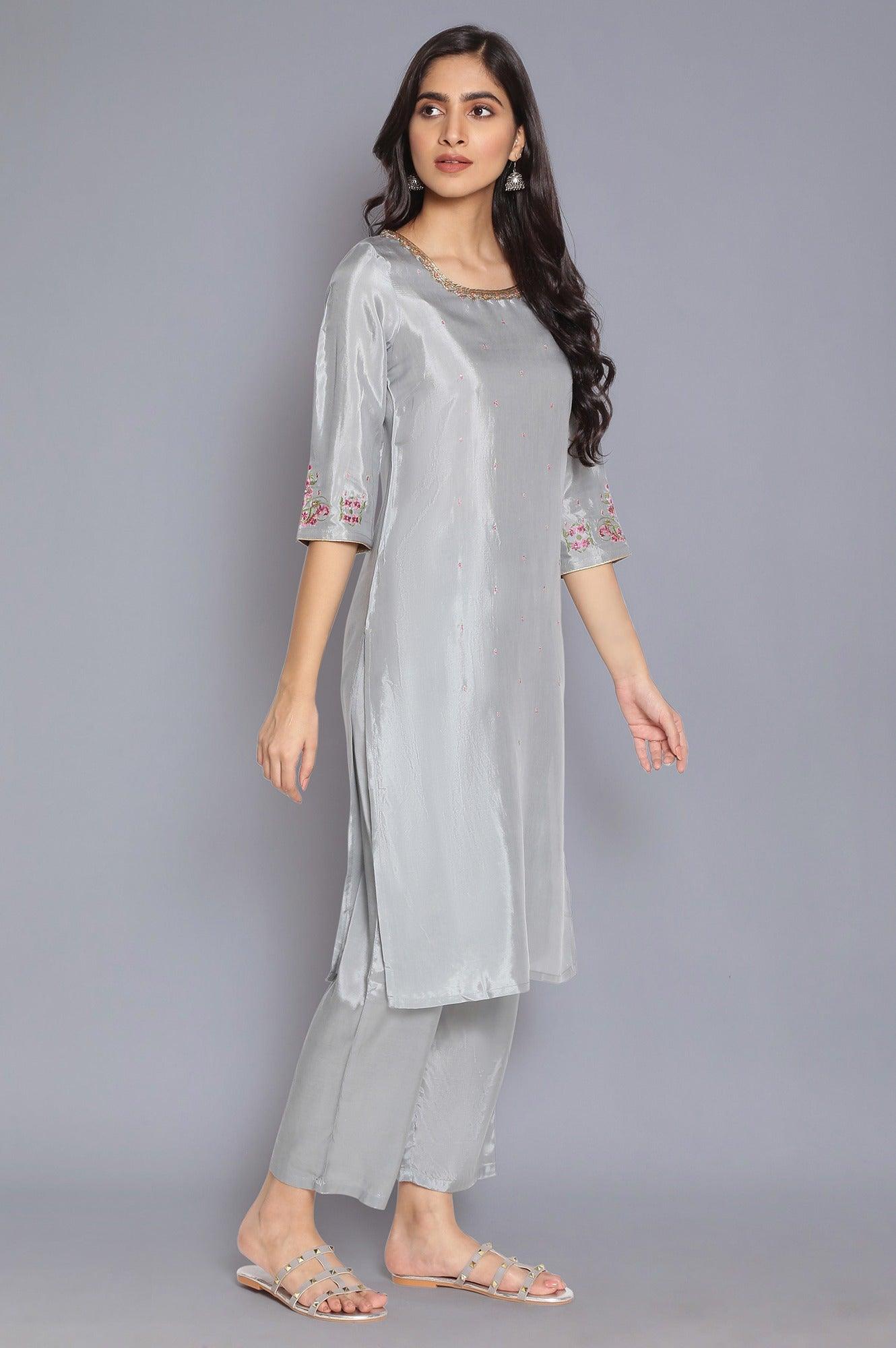 Grey Solid Straight kurta - wforwoman