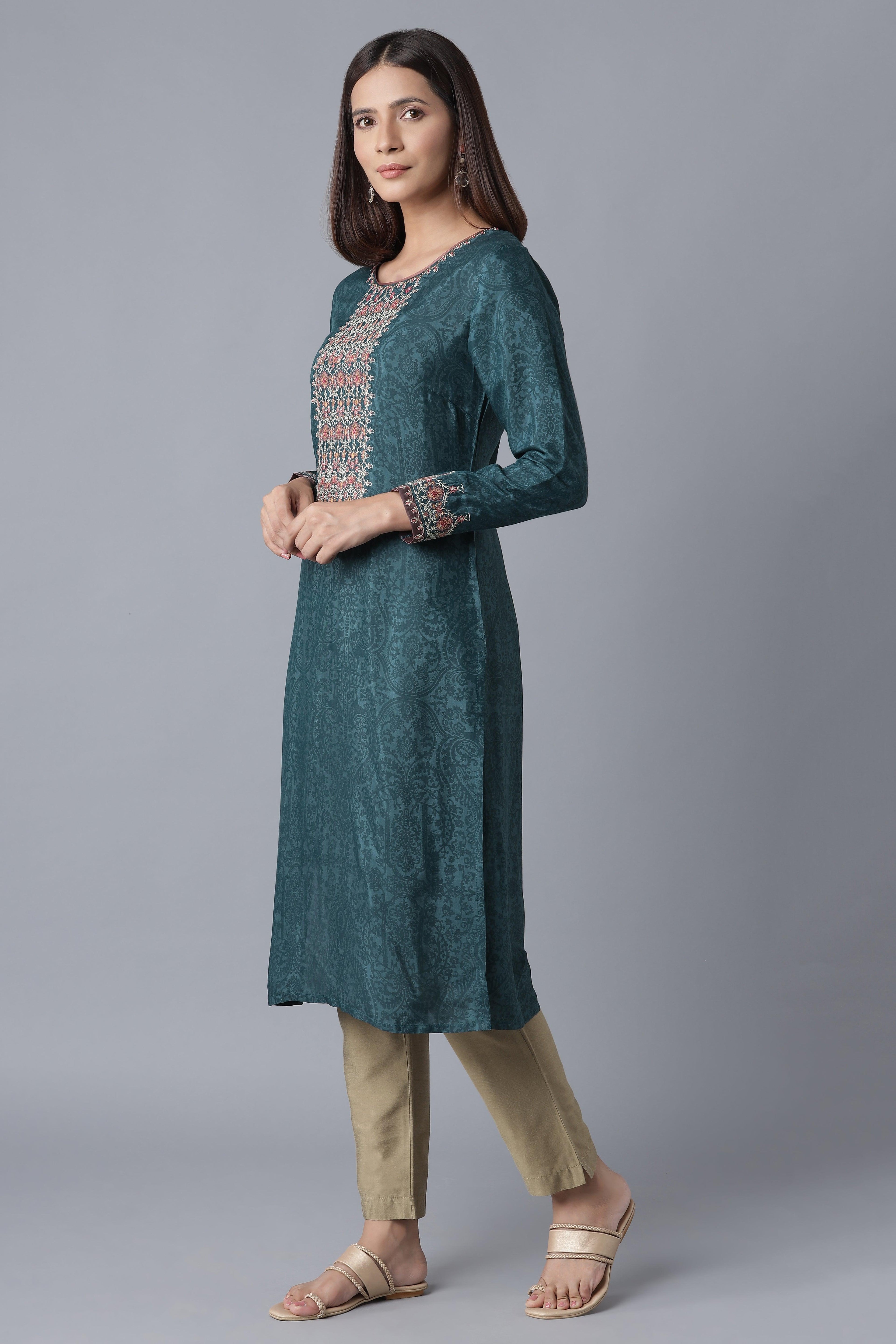 Teal Sequin Embroidered kurta - wforwoman