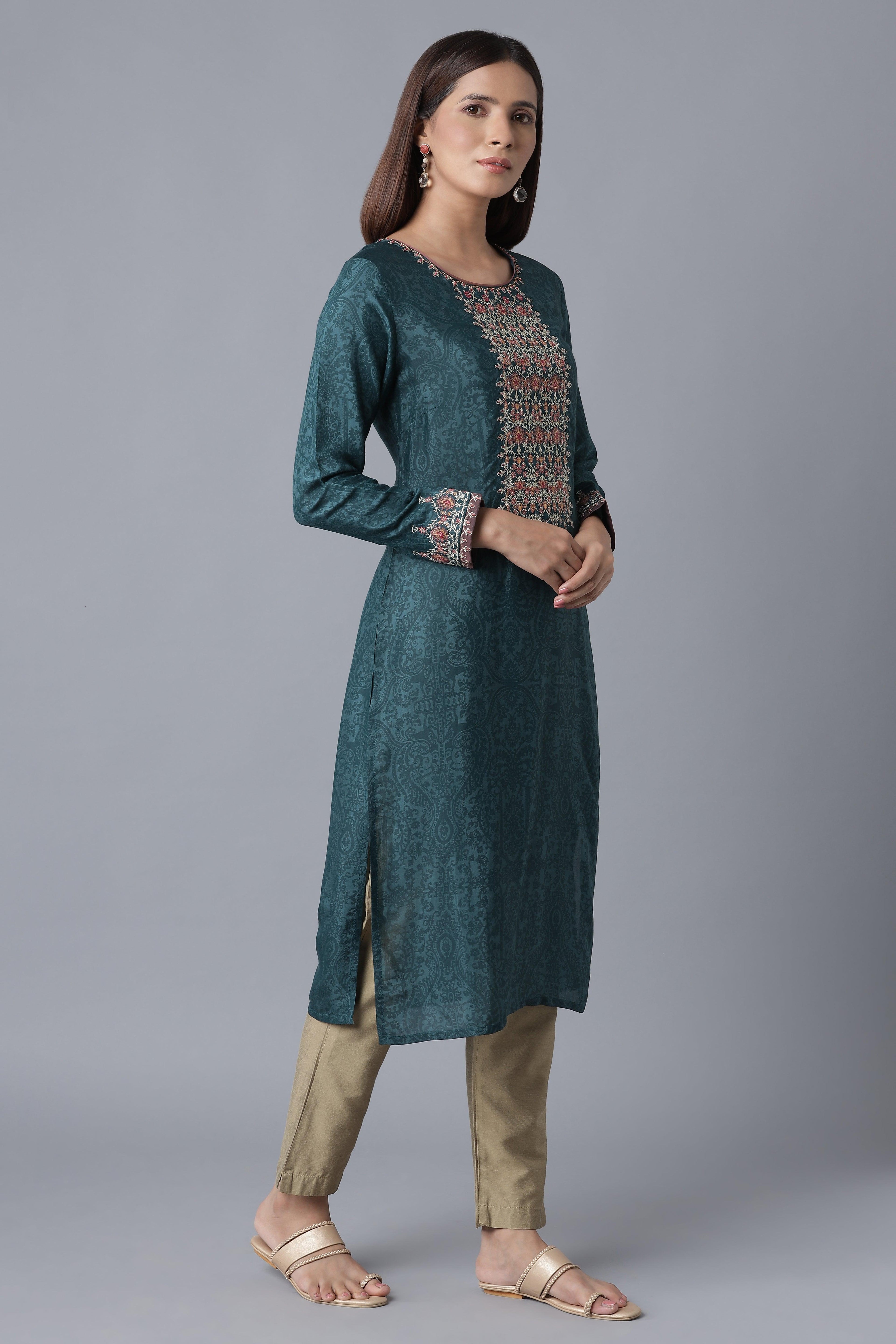 Teal Sequin Embroidered kurta - wforwoman