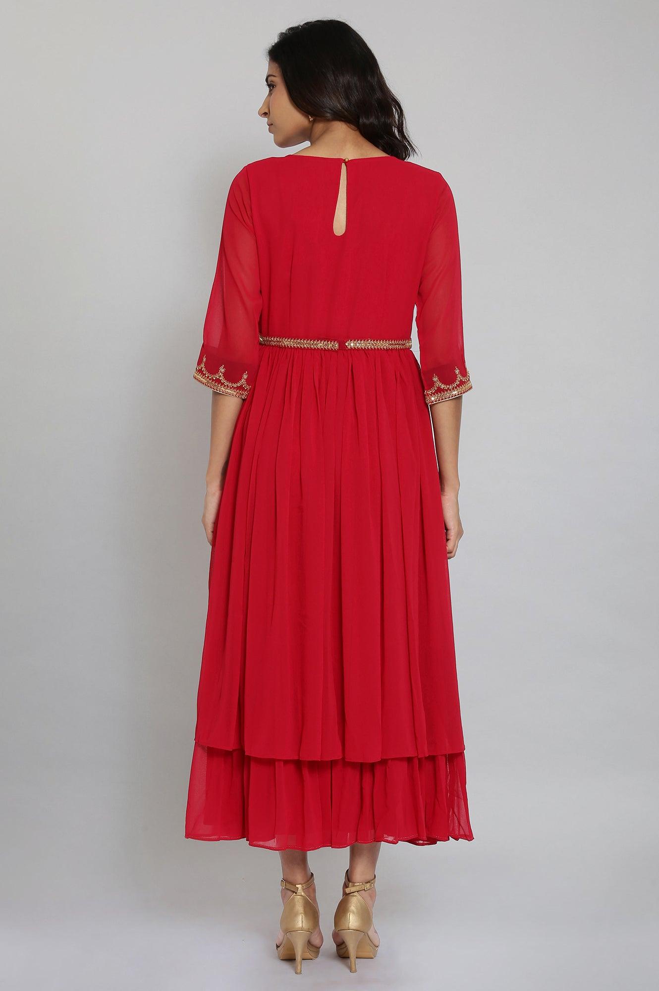 Red Embroidered Tiered Dress - wforwoman