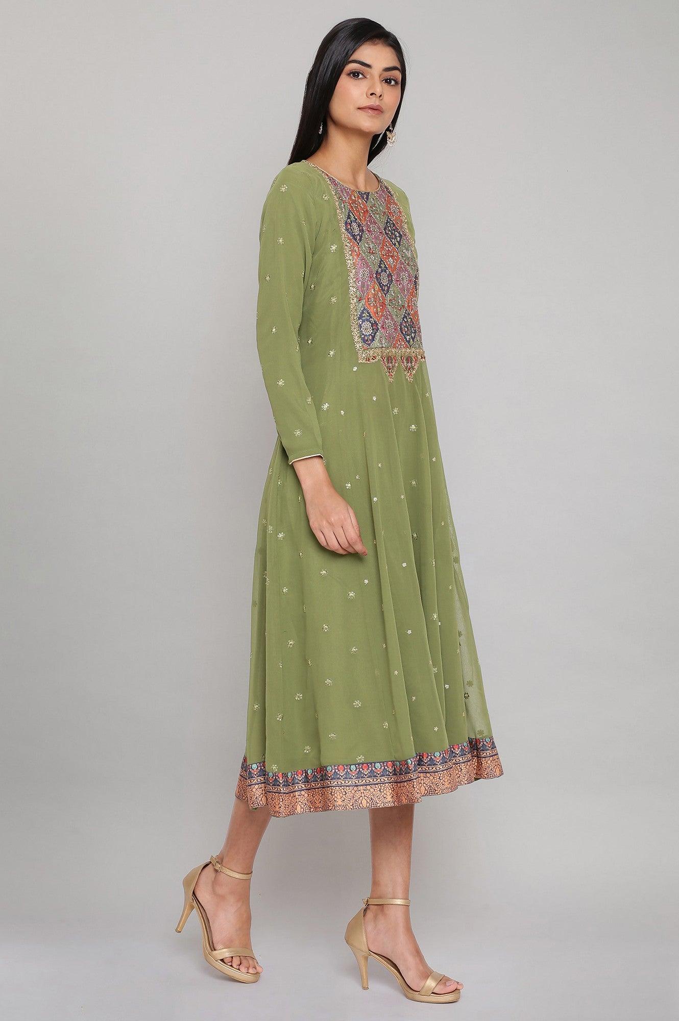 Green Embroidered Panelled Mughal Festive Gown - wforwoman