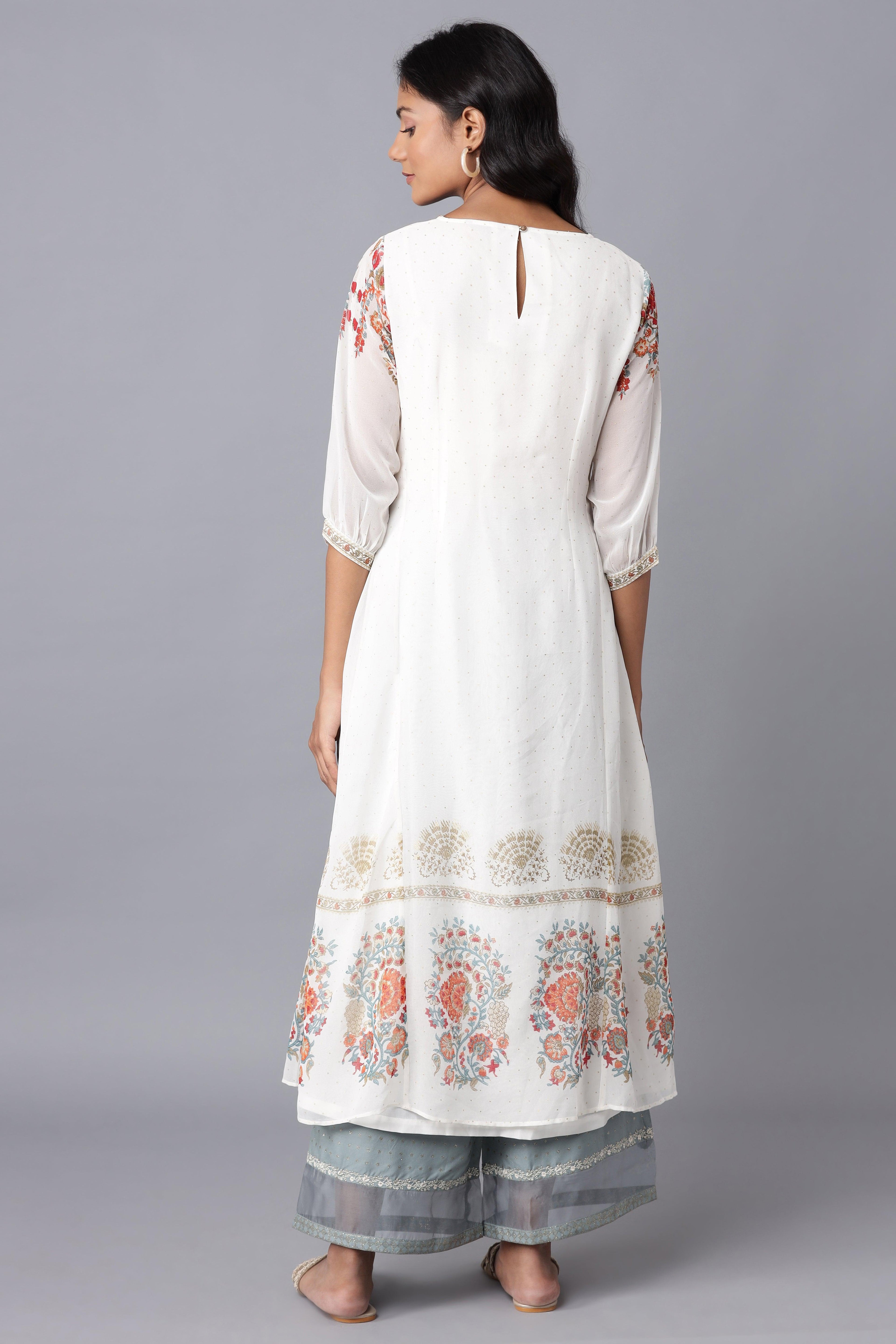 Ecru Floal Print Panelled A-line kurta - wforwoman